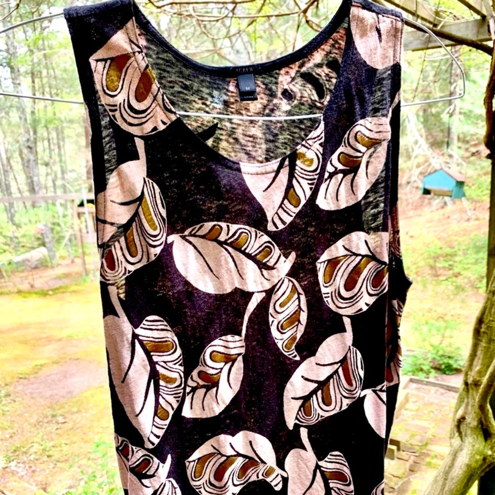 J. Crew black sleeveless tank top cream gold leaves patterned light weight